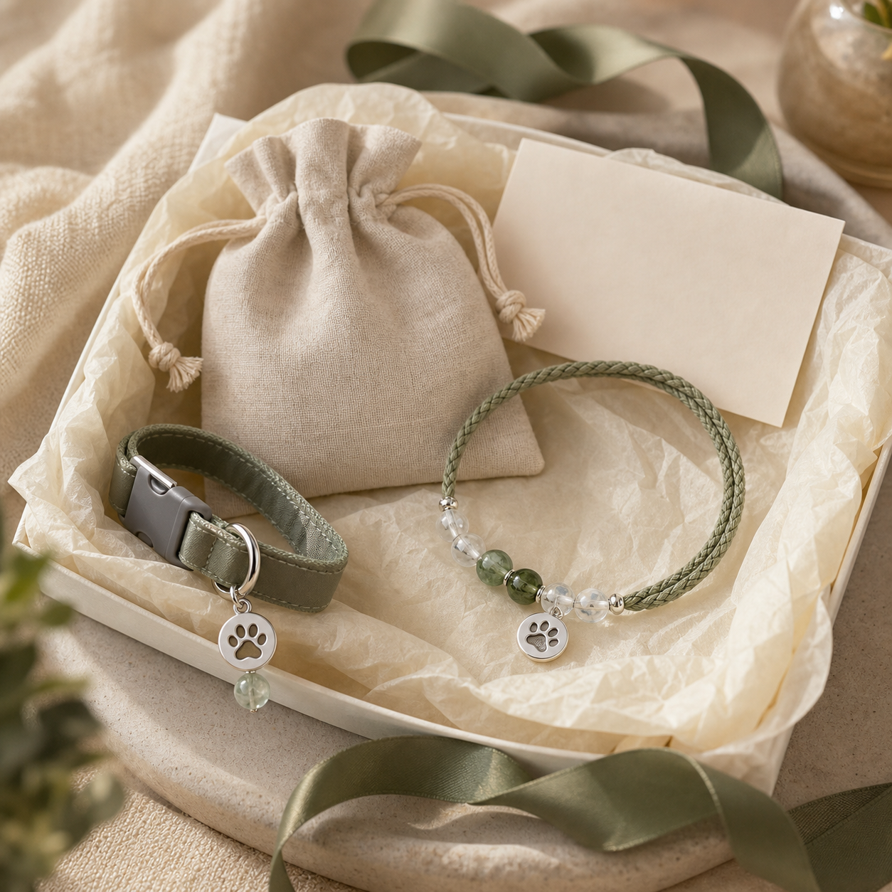 Gift-ready pet collar charm and matching bracelet set