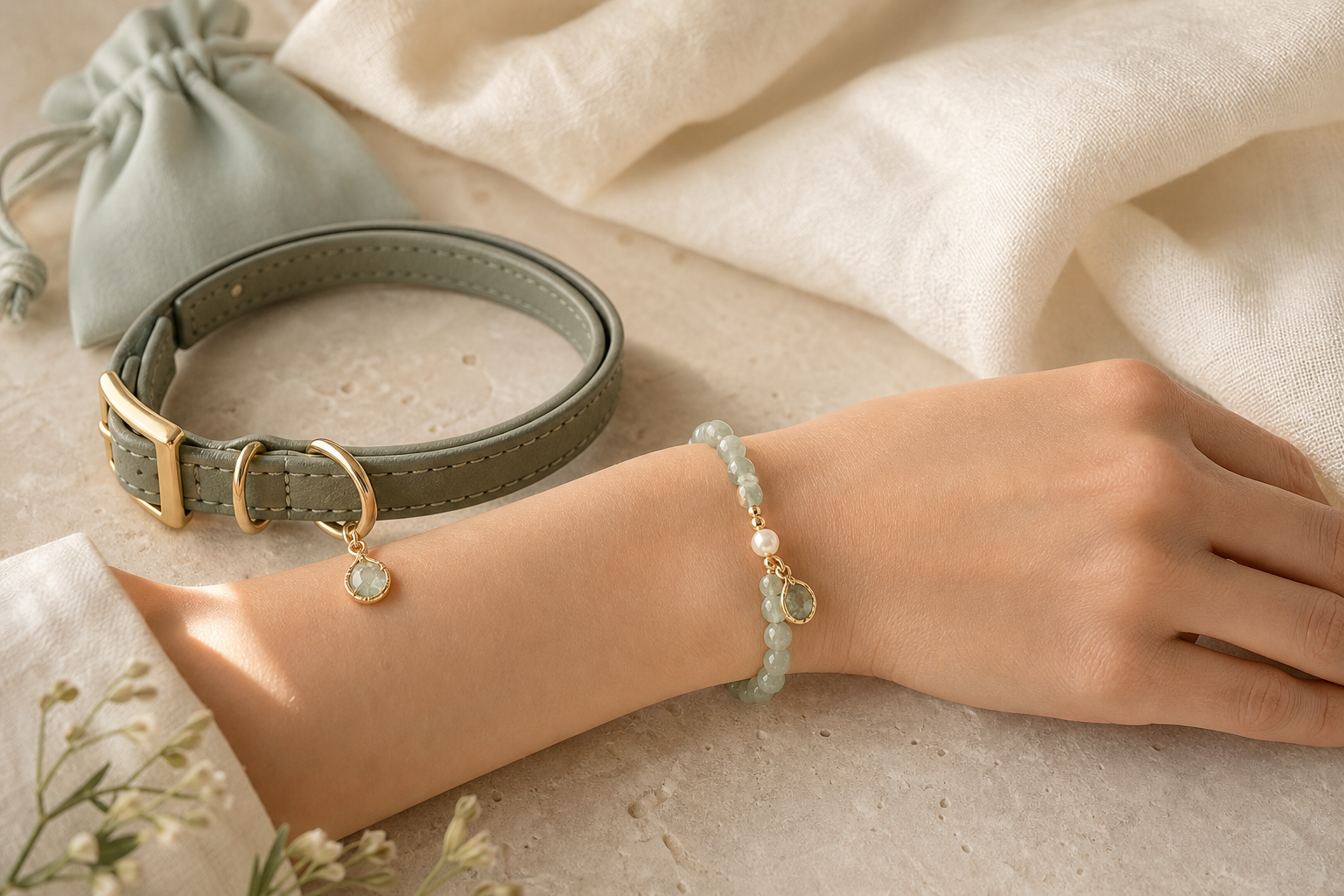 Matching crystal bracelet and pet collar charm set