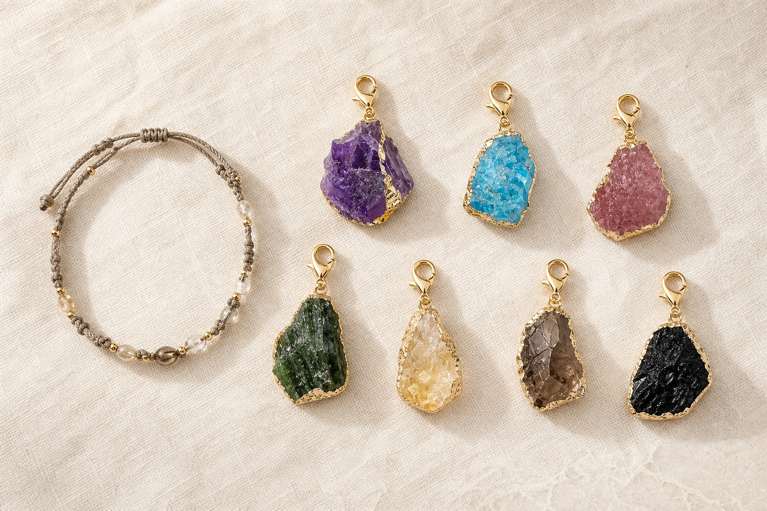 Hand-braided crystal bracelet beside a selection of Mystery Guardian Stone pet collar charms