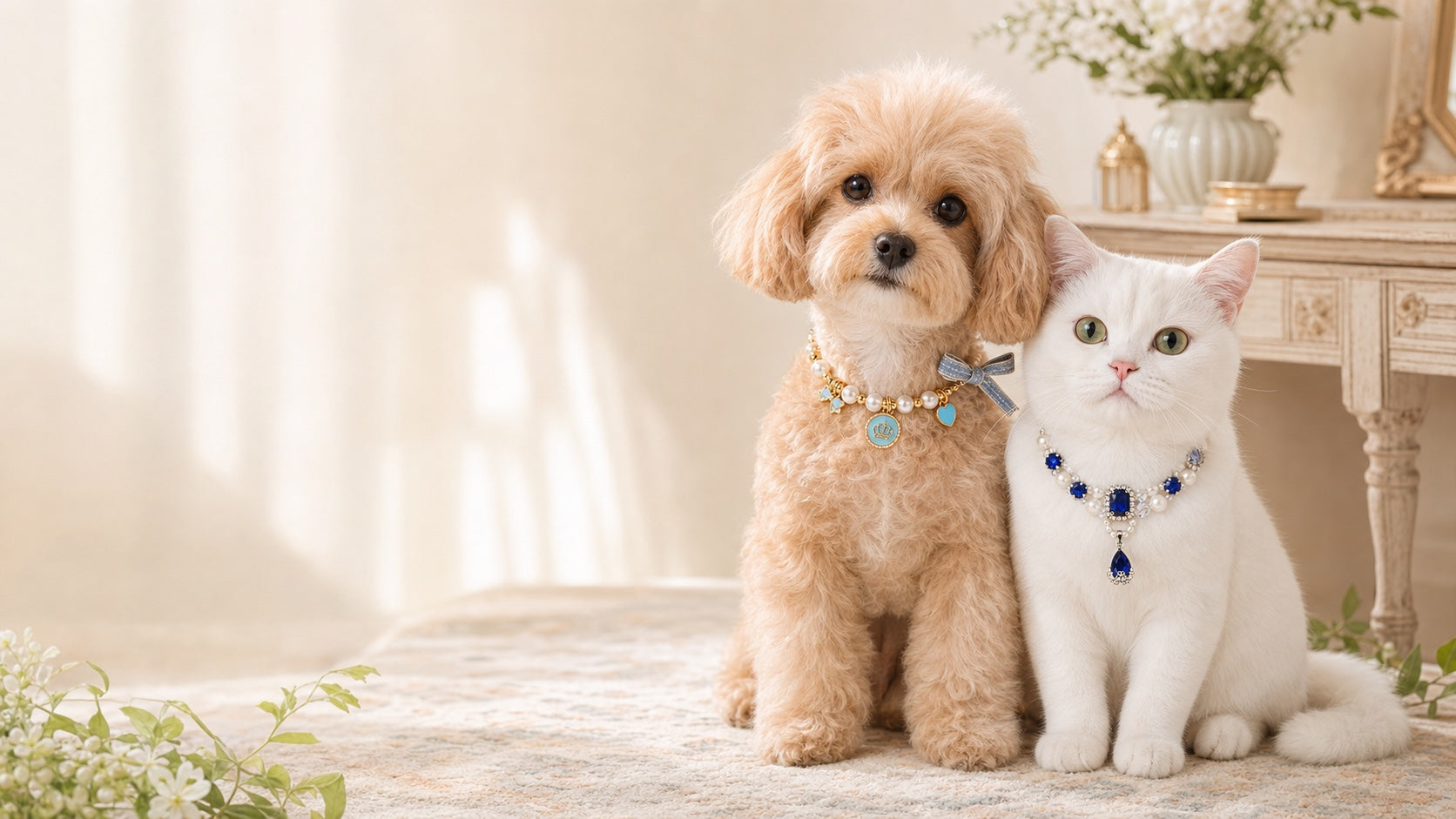 A small dog and white cat wearing decorative necklaces together in a warm room
